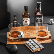 Камни для виски whiskey stones Plus Wood and Glass 12шт из стеатита + мешочек + 2 стакана