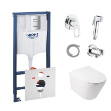 Комплект инсталляция Grohe Rapid SL 38772001 + унитаз с сиденьем Qtap Swan QT16335178W + набор для гигиенического душа со смесителем Grohe BauLoop 111042, застенный / пневматический белый - хром