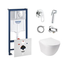 Комплект инсталляция Grohe Rapid SL 38721001 + унитаз с сиденьем Qtap Jay QT07335176W + набор для гигиенического душа со смесителем Grohe BauLoop 111042, подвесной/пневматический белый с хромам