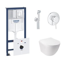 Комплект инсталляция Grohe Rapid SL 38827000  унитаз с сиденьем с прямоугольной клавишей смива и набор для биде Grohe BauClassic 2904800S