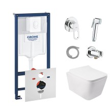 Комплект инсталляция Grohe Rapid SL 38722001 + унитаз с сиденьем Qtap Crow QT05335170W + набор для гигиенического душа со смесителем Grohe BauLoop 111042, застенный/пневматический белый с хром